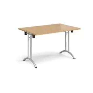 Image of Rectangular folding leg table with silver legs and curved foot rails 1200mm x 800mm - oak
