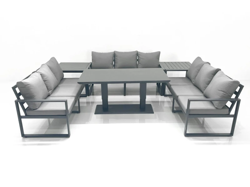 Image of Fimous 9 Seater Garden Sofa Set Aluminium Furniture Rising Dining Tabe Set with 2 Side Tables Dark Grey Dark Grey Unisex