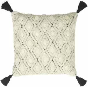 Image of Furn Berbera Tufted 100% Cotton Tasselled Cushion Cover, Natural/Black, 45 x 45 Cm