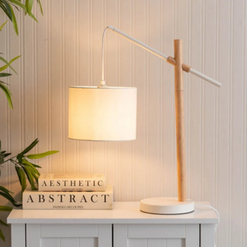 Image of ValueLights Adrianna Wooden Hanging Table Lamp with White Drum Lamp Shade and LED Bulb Natural