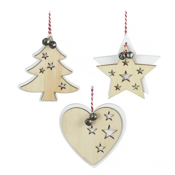 Image of Wood And White Cut Out Bell Decorations (Set of 6)