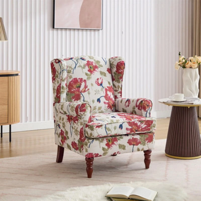 Image of Wingback Armchair, Red Floral Retro Accent Chair Soft Padded Fabric Lounge Padded Sofa Chair, Retro Vantage Leisure Chair