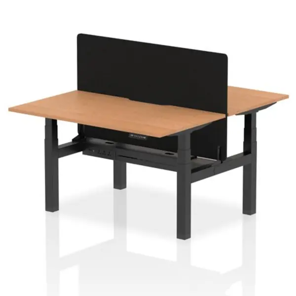Image of Air Air Back-to-Back 1400 x 800mm Height Adjustable 2 Person Bench Desk Oak Top with Scalloped Edge Black Frame with Black Straight Screen HASSE2P148