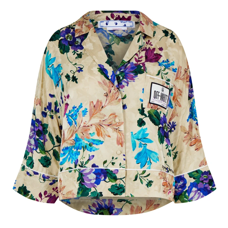 Image of Off White Womens Satin Pyjama Crop Shirt Sand Multi female 12 (M)
