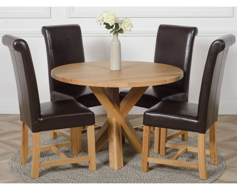 Image of Thats Furniture Oregon Round Oak Dining Table & 4 Washington Leather Chairs in Brown Brown Unisex
