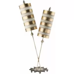 Image of 2 Bulb Table Lamp Gold Leaf & Taupe Striped Shades Star Leaf Base LED E27 60W