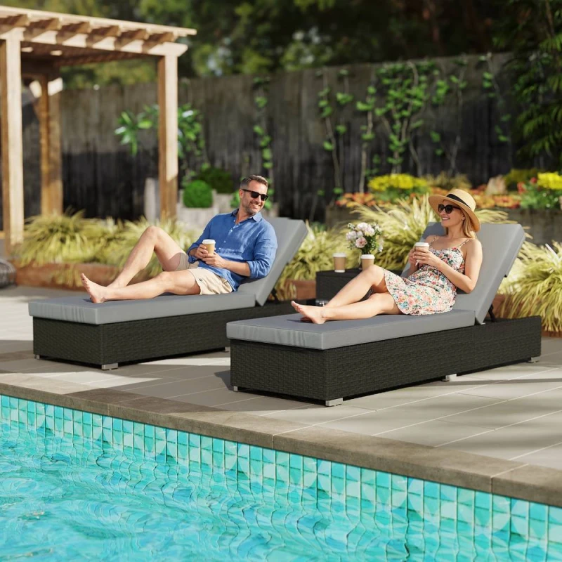 Image of OUTSUNNY Rattan Sun Loungers Set of 2 with Side Table, Dark Grey Size: 180cm x 60cm Dark Grey Unisex 180cm x 60 cm