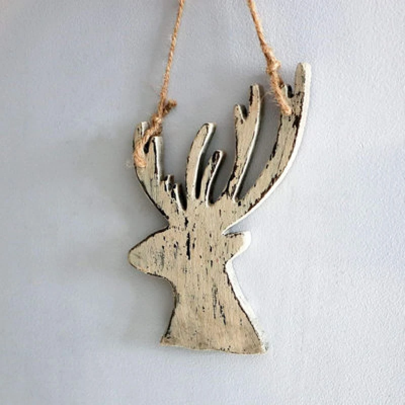 Image of Shatchi Cream Christmas Wooden Hanging Deer Wall Decoration Xmas Home Office Holiday Decorative Centrepiece 26cm Cream