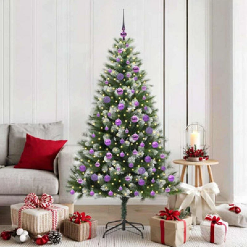 Image of vidaXL Artificial Hinged Christmas Tree with Lilac Balls Flocked Snow 180 cm, Green 3395448