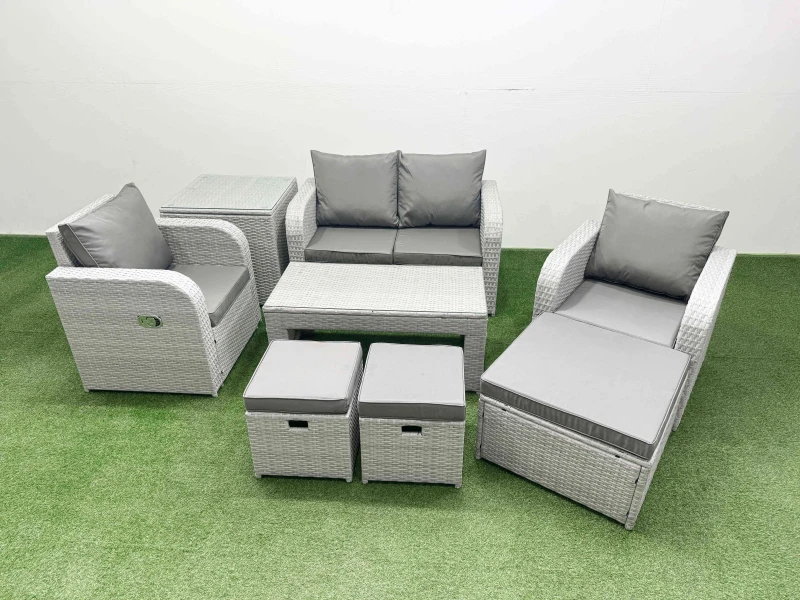 Image of Fimous Light Grey PE Wicker Rattan Garden Furniture Set Sofa Set Reclining Adjustable Chair Oblong Coffee Table 7 Seater 3 Stools Side Table Light Gr