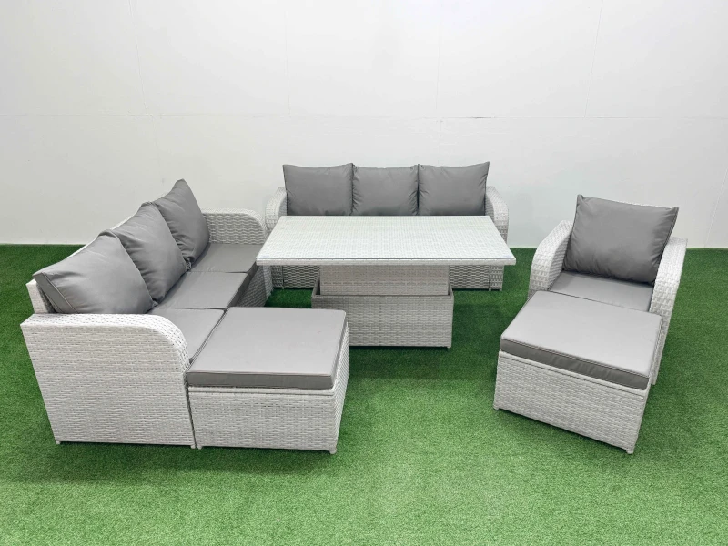 Image of FIMOUS Fimous - 9 Seater Poly Rattan Outdoor Garden Furniture Adjustable Lifting Dining or Coffee Table Sofa Set Patio 3 Seater Sofa Reclining Chair 3