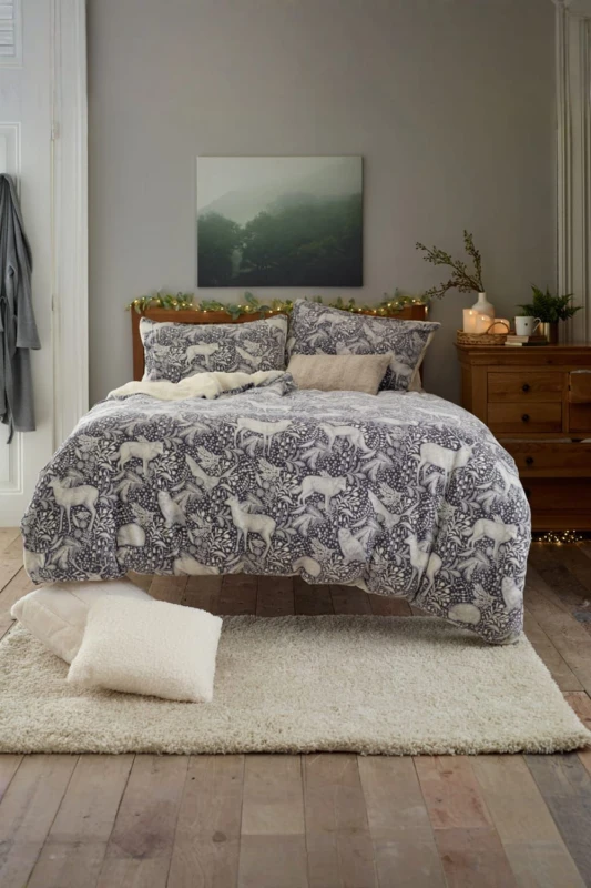 Image of Deyongs Deyongs Woodland Folk Animal Print Fleece Duvet Cover Set with Cosy Sherpa Reverse in Grey Size: Single Grey Single Unisex 5054990143877