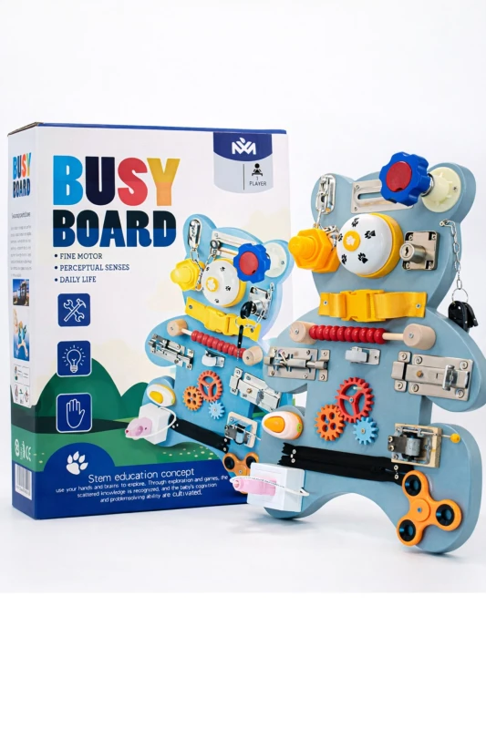 Image of Dyzi Montessori Busy Board Bear Sensory Toy Learning Motor Skills Activity Turquoise