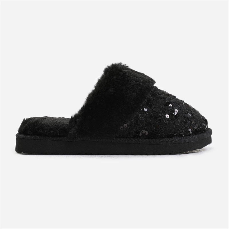 Image of Where's That From 'Snuggle' Slip On Sequin Slippers With Fur Trim Black