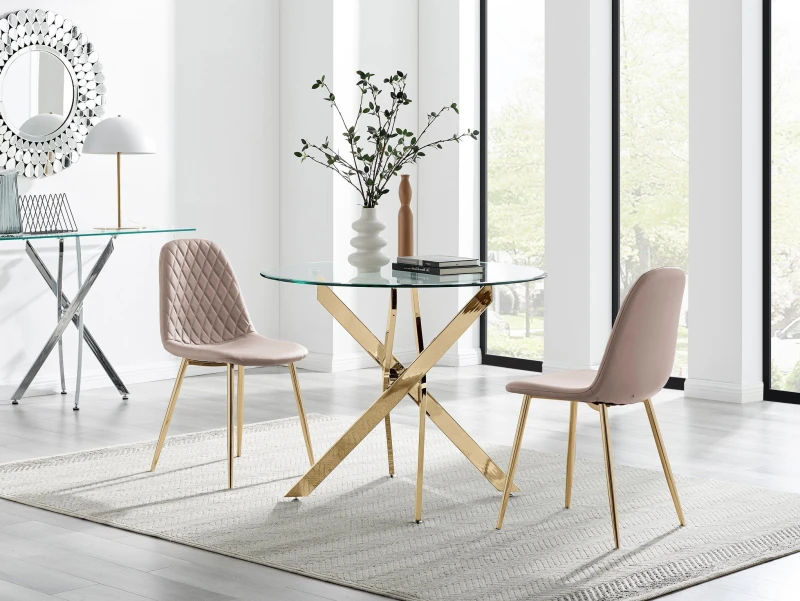 Image of FurnitureboxUK FurnitureboxUK Novara 100cm Round Gold Leg Dining Table & 2 Corona Gold Chairs in Beige Beige One Size Unisex 5056784304693
