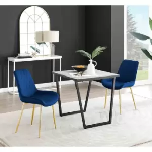Image of Furniture Box Carson White Marble Effect Square Dining Table and 2 Navy Pesaro Gold Leg Chairs