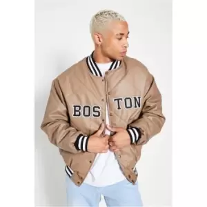 Image of I Saw It First Premium Faux Leather Boston Graphic Padded Bomber - Brown