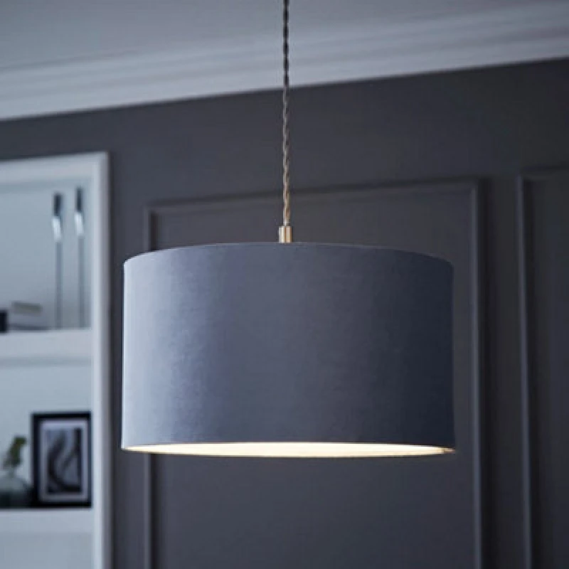 Image of VALUELIGHTS Velvet Ceiling Light Shade Lampshade Drum Pendant Easy Fit - Medium - Grey 26286