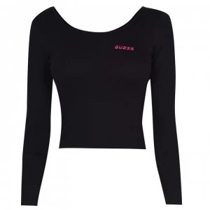 Image of Guess Ribbed Long Sleeve Crop Top - Black JBLK