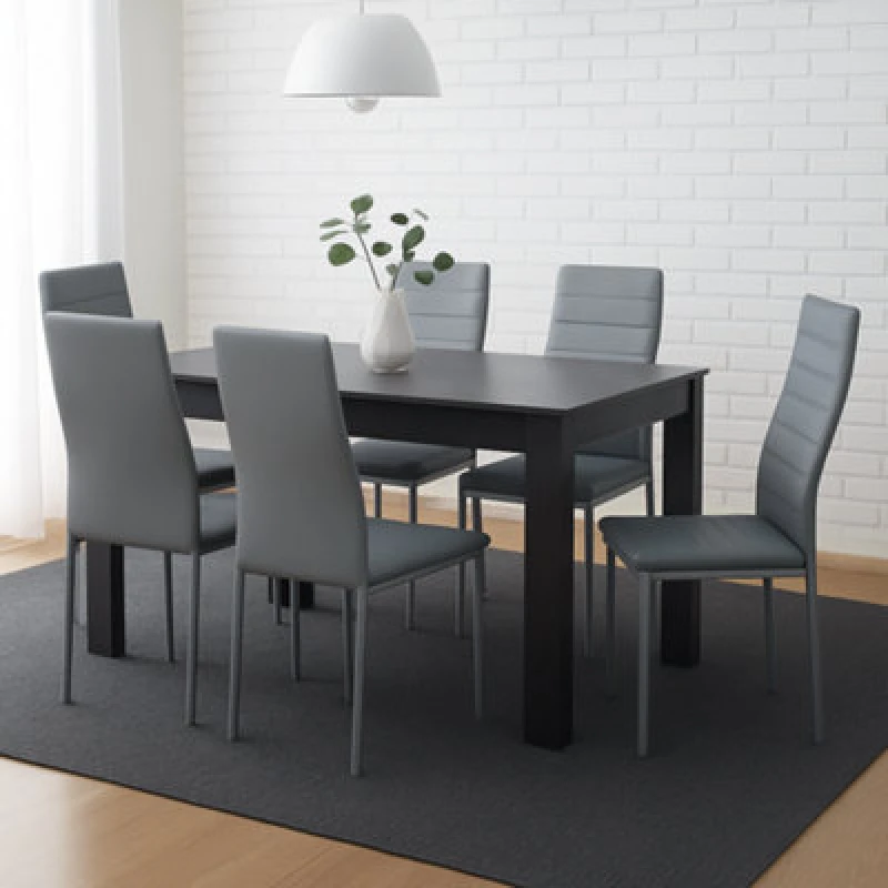 Image of Kosy Koala Modern Charcoal Dining Table Set With 6 Grey Faux Leather Chairs Dining Room Furniture