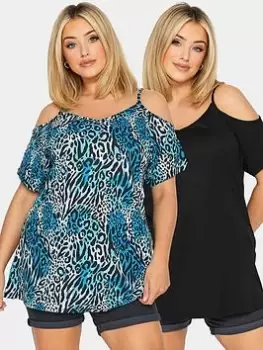 Image of Yours Strappy Cold Shoulder 2 Pack Black/Blue Animal, Black, Size 22-24, Women