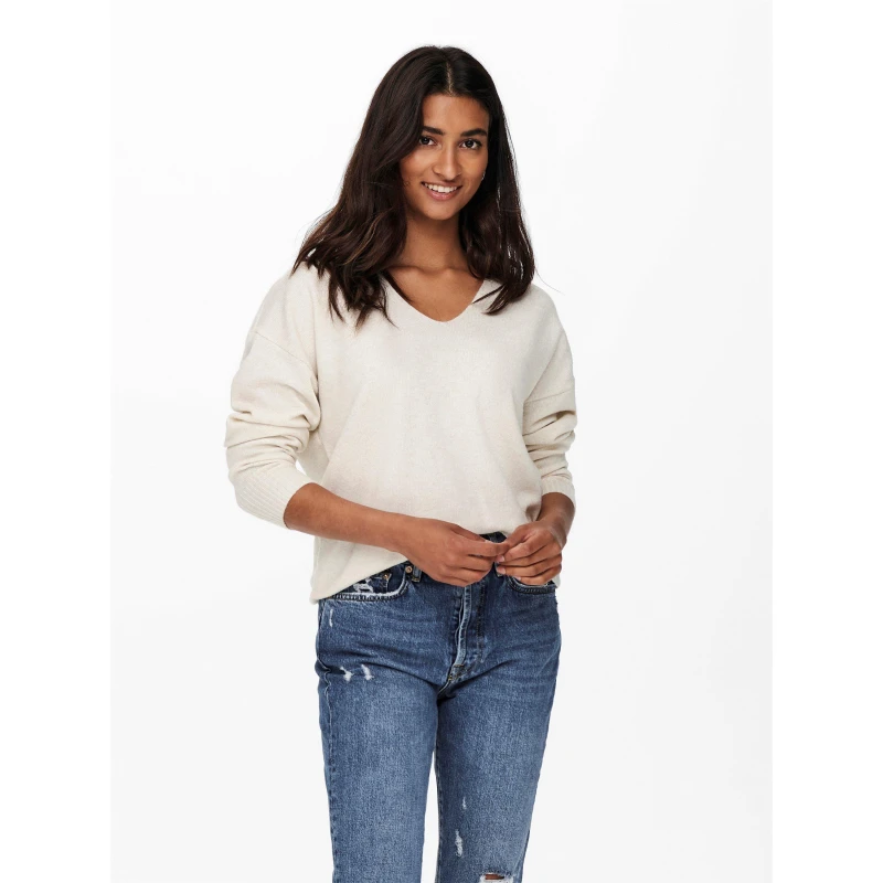 Image of Only Rica Long Sleeve V-Neck Knitted Top - Beige Beige 8