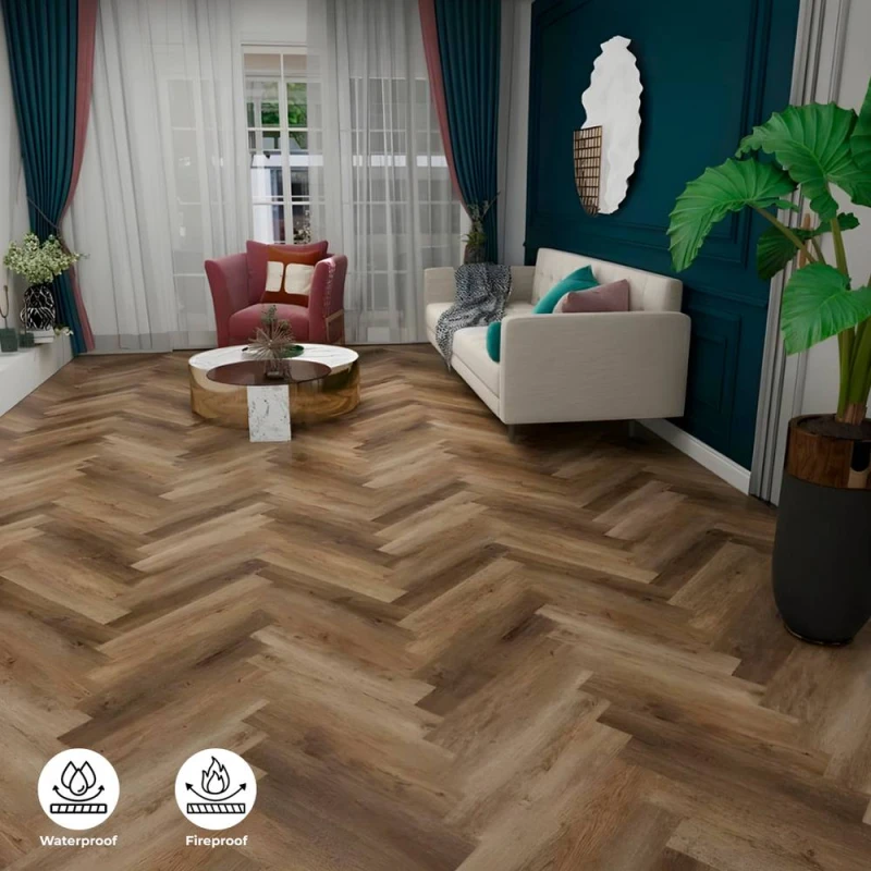 Image of ENER-J BRITWALL SPC Herringbone Flooring - Ashton Brown Plank Size: 10000mm x 520mm Brown Unisex 10000mm x 520mm