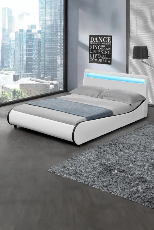 Image of Slumberworx Orion LED Lights Headboard Faux Leather Double Bed Frame (white With Black), White 5.05574E+12