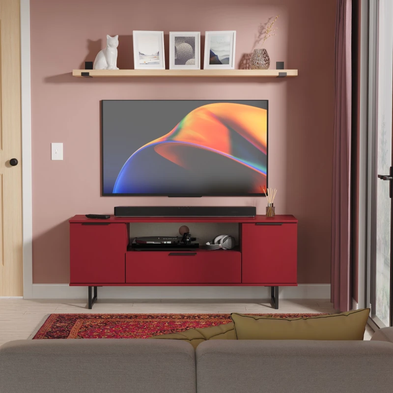 Image of Ready Assembled 2 U Fuji 2 Door 1 Drawer Wide TV Unit (Ready Assembled) in Dark Red Dark Red Unisex