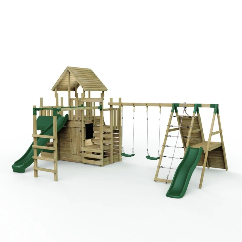 Image of Rebo Wooden Climbing Frame with Swings, Den, Climbing Wall, Monkey Bars and 2 Slides Brown