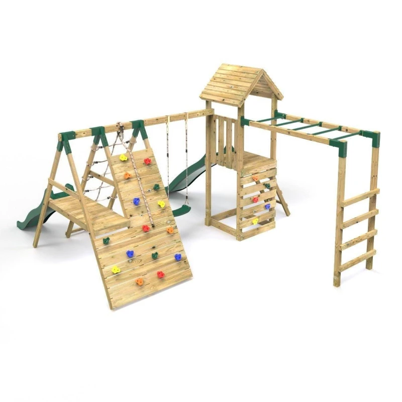 Image of Rebo Wooden Climbing Frame with Swing, Climbing Wall, Monkey Bars and Two Slides - Brecon Green Green