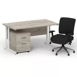 Image of Impulse 1400 x 800 White Cant Office Desk Grey Oak + 2 Dr Mobile Ped & Chiro Med Back Black W/Arms