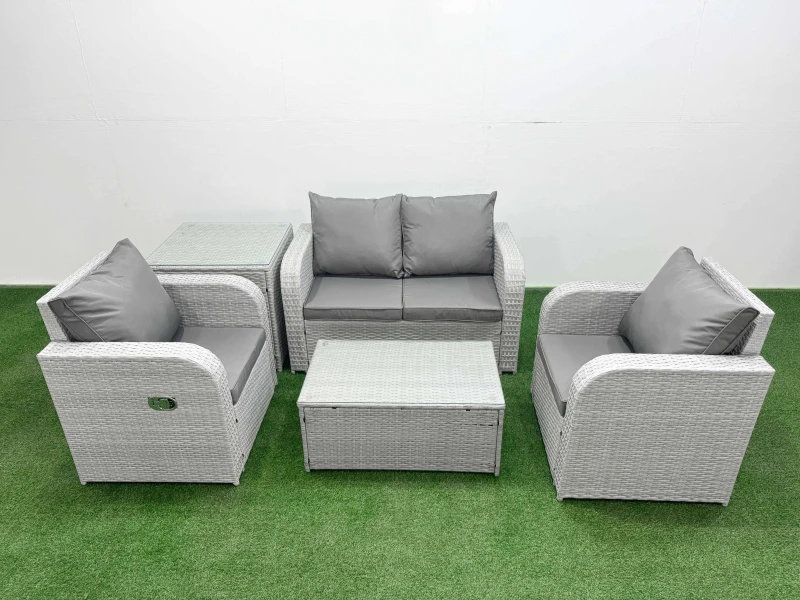 Image of Fimous Light Grey PE Wicker Rattan Garden Furniture Set Sofa Set Reclining Adjustable Chair Rectangular Coffee Table 4 Seater With Side Table Light Gr