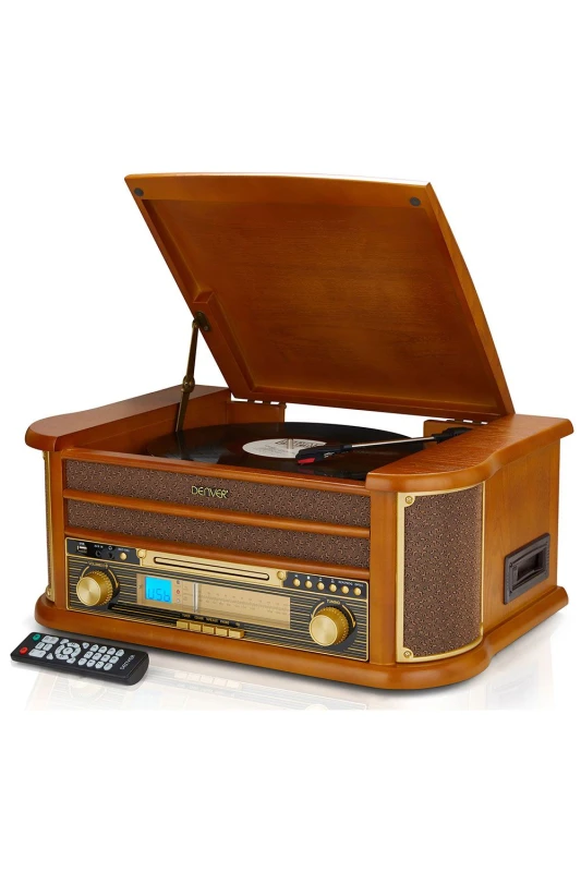 Image of Denver Vintage Retro Bluetooth CD Cassette Record Player FM & USB HiFi System in Brown Brown Unisex