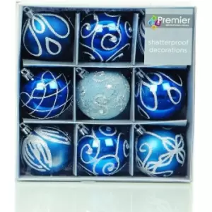 Image of Shatterproof Mixed 9 Pack of Christmas Baubles - Midnight Blue - Various Designs - Midnight Blue