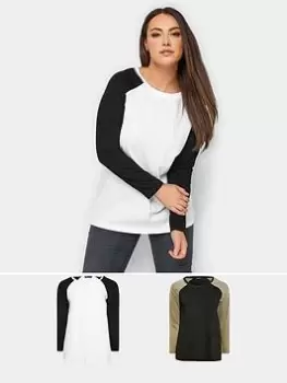 Image of Yours Ls Raglan Tee Contrast 2 Pack. Black/white & Oatmeal Acid Wash, Green, Size 16, Women