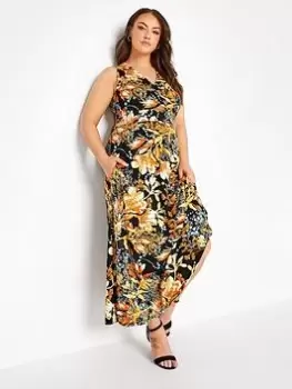 Image of Yours Vintage Floral Print Maxi Dress - Black/Orange, Black, Size 30-32, Women
