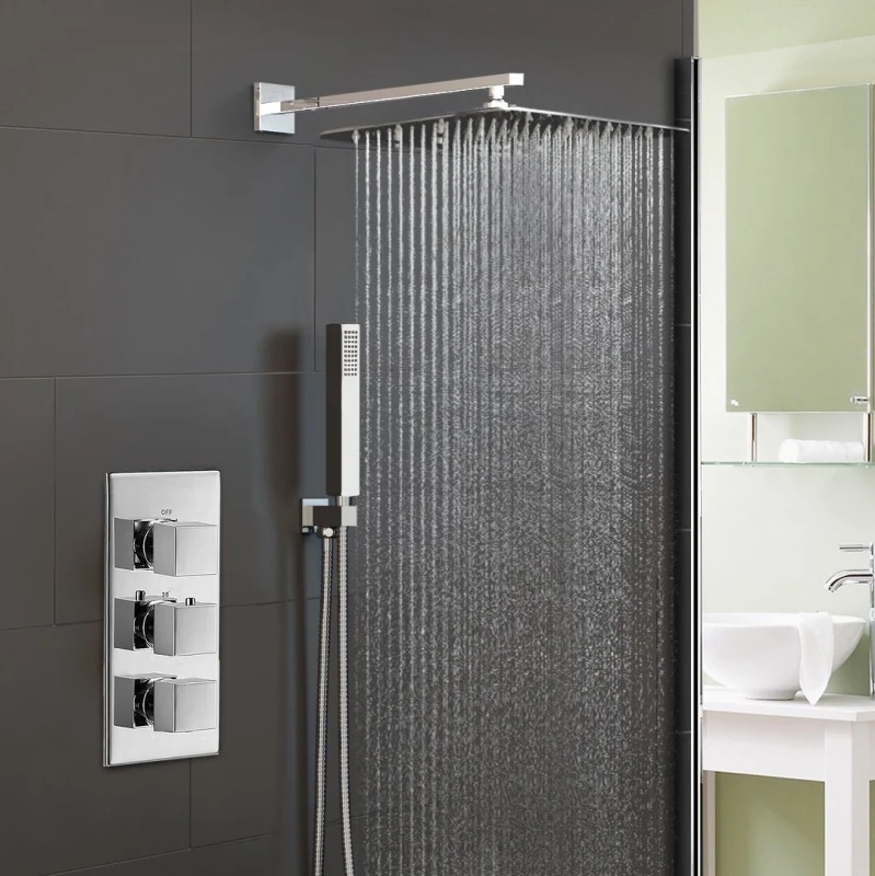 Image of Nes Home Orta Square Concealed Thermostatic Mixer Valve Hand Held 300mm Shower Head Set in Silver Silver Unisex