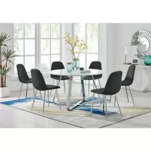 Image of Santorini White Round Dining Table And 6 Black Corona Faux Leather Dining Chairs with Silver Legs Diamond Stitch - Black