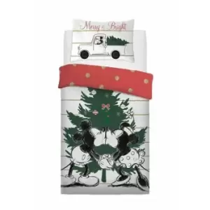 Image of Disney Mistletoe Kisses Mickey And Minnie Christmas Duvet Cover Set (Single) (White/Green/Red/Gold) - White/Green/Red/Gold