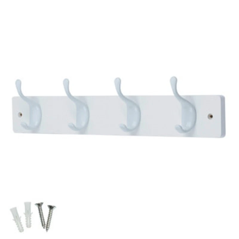 Image of Keypak 4 White Coat Hooks On White Wooden Board - 46Cm Modern Wall Mounted Coat Rack Clothes Hanger