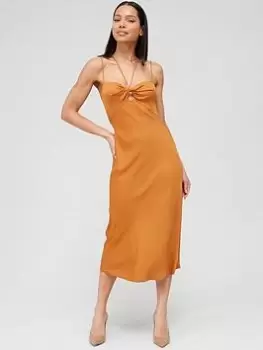 Image of Calvin Klein Micro Strap Twist Front Slip Dress - Brown, Size 36, Women