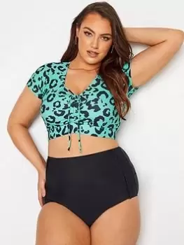 Image of Yours Clothing Leopard Print Bikini Crop Top - Turquoise Blue, Green, Size 20, Women