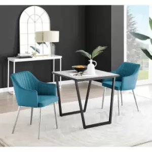 Image of Furniture Box Carson White Marble Effect Square Dining Table and 2 Blue Calla Silver Leg Chairs