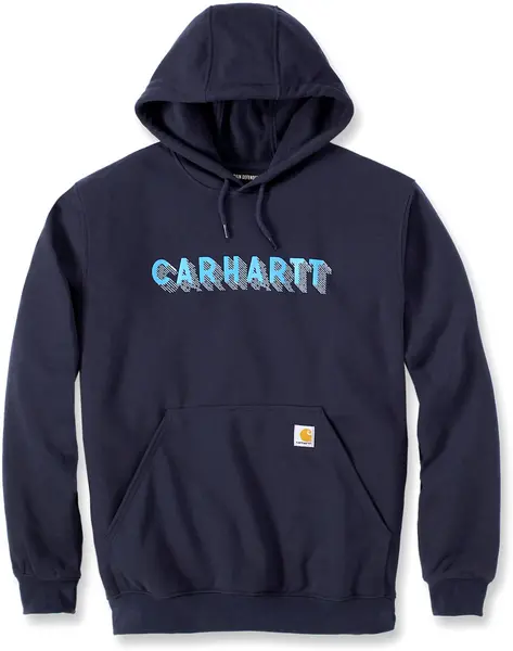 Image of Carhartt Rain Defender Lose Fit Midweight Logo Graphic Hoodie, blue, Size S