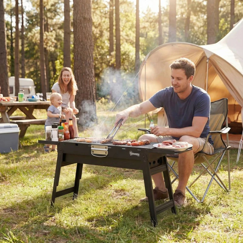 Image of OUTSUNNY BBQ Grill, Charcoal Barbecue with 2 Side Shelves & Handle, Black Unisex