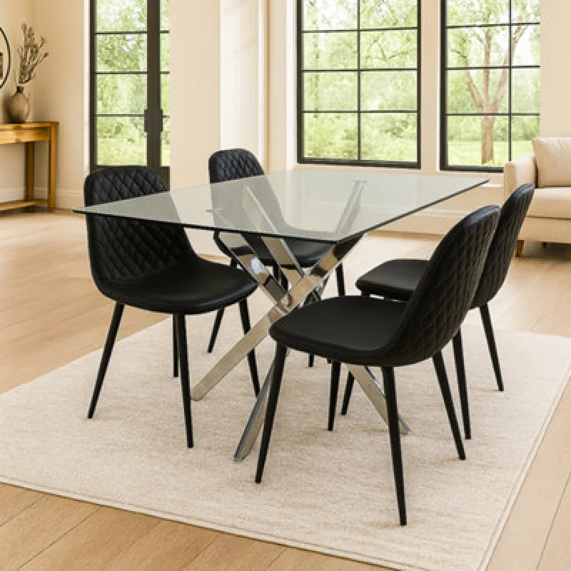 Image of KOSY KOALA Modern Rectangle Glass Dining Table With 4 Black Gem Pattern Chairs Black Unisex