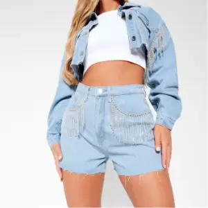 Image of I Saw It First Diamante Tassel Detail Denim Shorts - Blue
