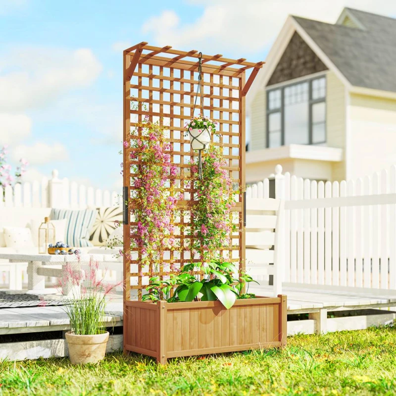 Image of OUTSUNNY Wood Planter with Trellis for Climbing Plants Planter Box in Tan Tan Unisex