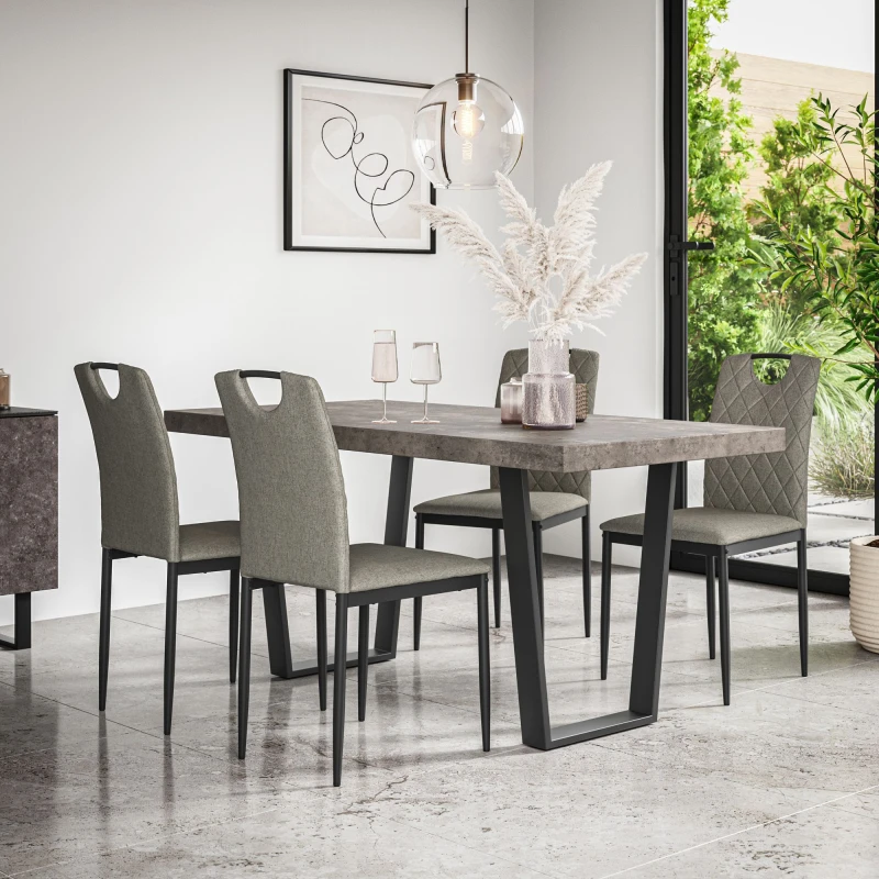 Image of More4Homes Aria Dining Table And Chairs - Concrete Effect Table Top W Black Legs + Monza Linen Dining Chair Set Of 6 (Grey)